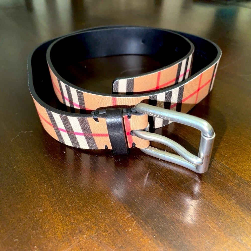 Burberry Black and Orange Plaid Belt with Gold Buckle